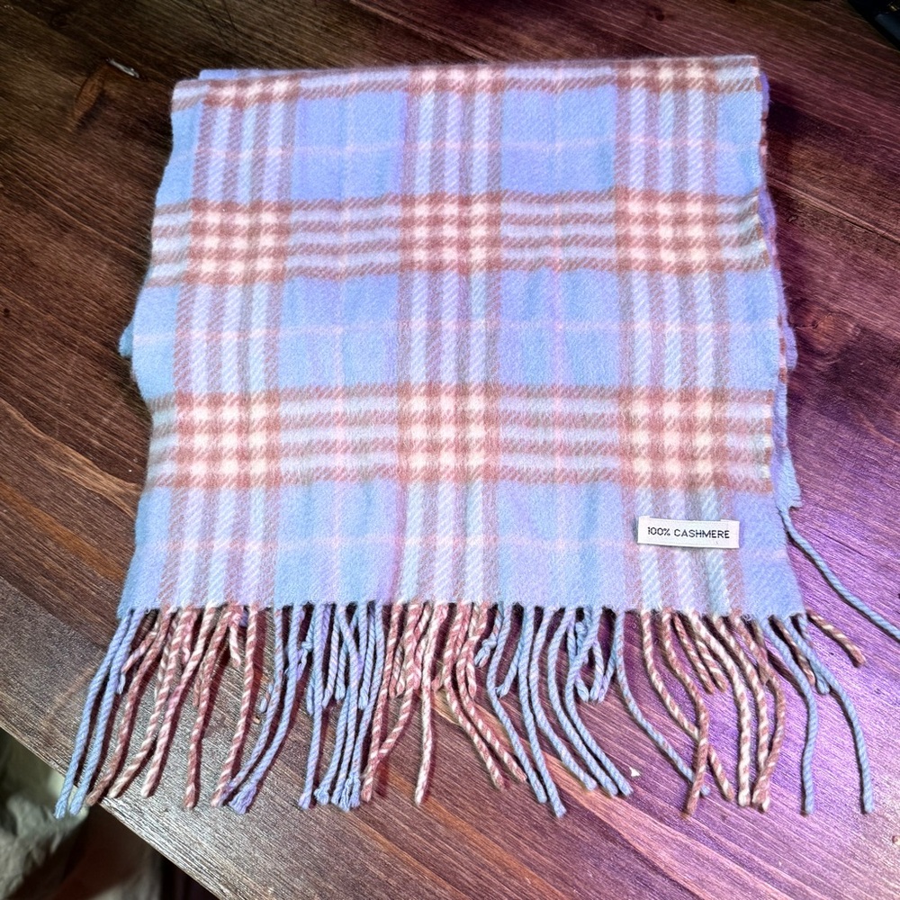 100% Cashmere Plaid Fringe Scarf – Blue & Rose Check EUC